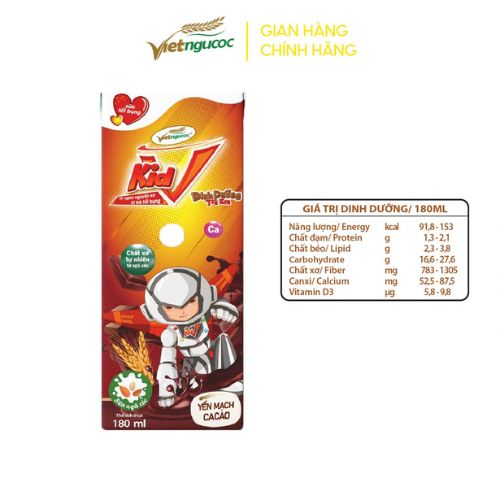 Thùng 48 hộp Sữa Yến Mạch Vkid VIỆT NGŨ CỐC Cho Bé Thơm Ngon Hương Vị Cacao 180ml/Hộp