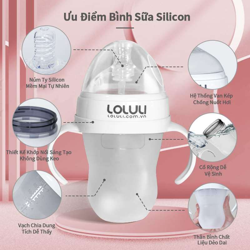 [KHÔNG BAO GỒM ĐẦU MUỖNG VÀ TY ỐNG HÚT] Bình sữa Loluli silicon siêu mềm cho bé chống sặc có ống hút 360 độ có quai 150ml