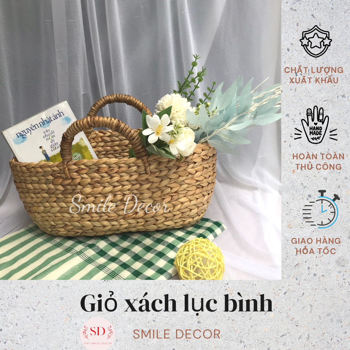 Giỏ xách, túi xách vintage đan lục bình làm phụ kiện chụp ảnh Smile Decor – Handwoven hyacinth handbag