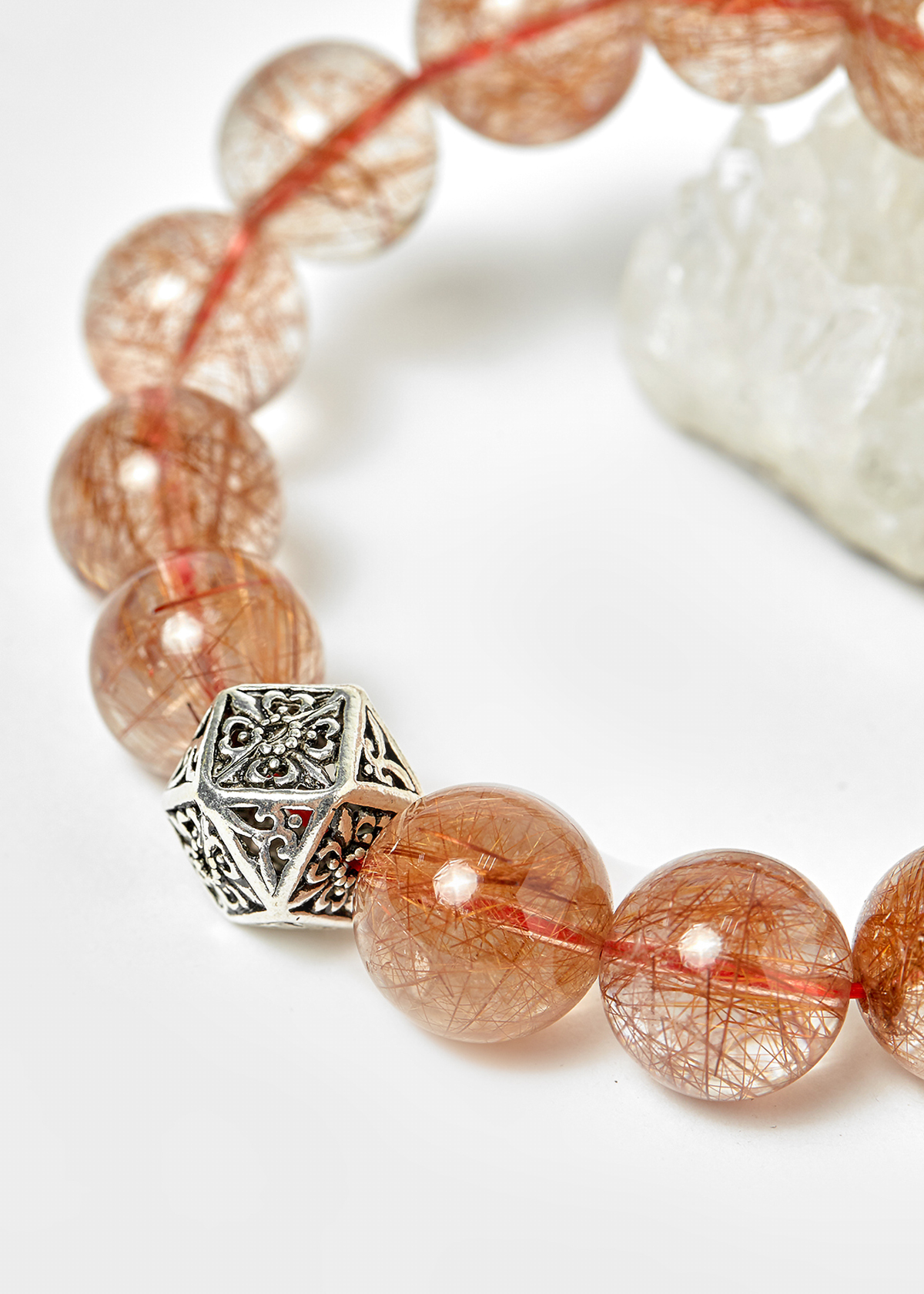 Vòng nam thạch anh tóc đỏ phối charm bạc hạt 14mm mệnh hỏa, thổ - Ngọc Quý Gemstones