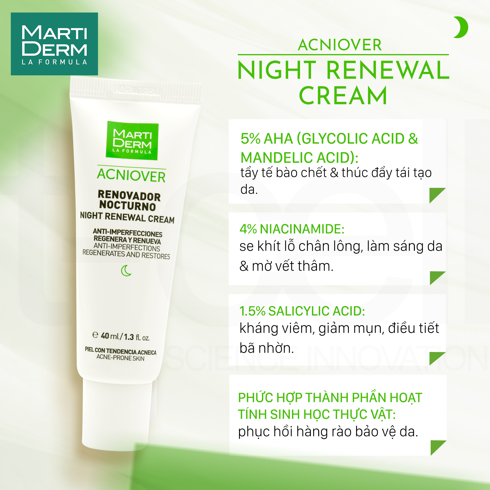 Kem Dưỡng Tái Tạo Ban Đêm Cho Da Dầu Mụn - MartiDerm Acniover Night Renewal Cream (40ml)