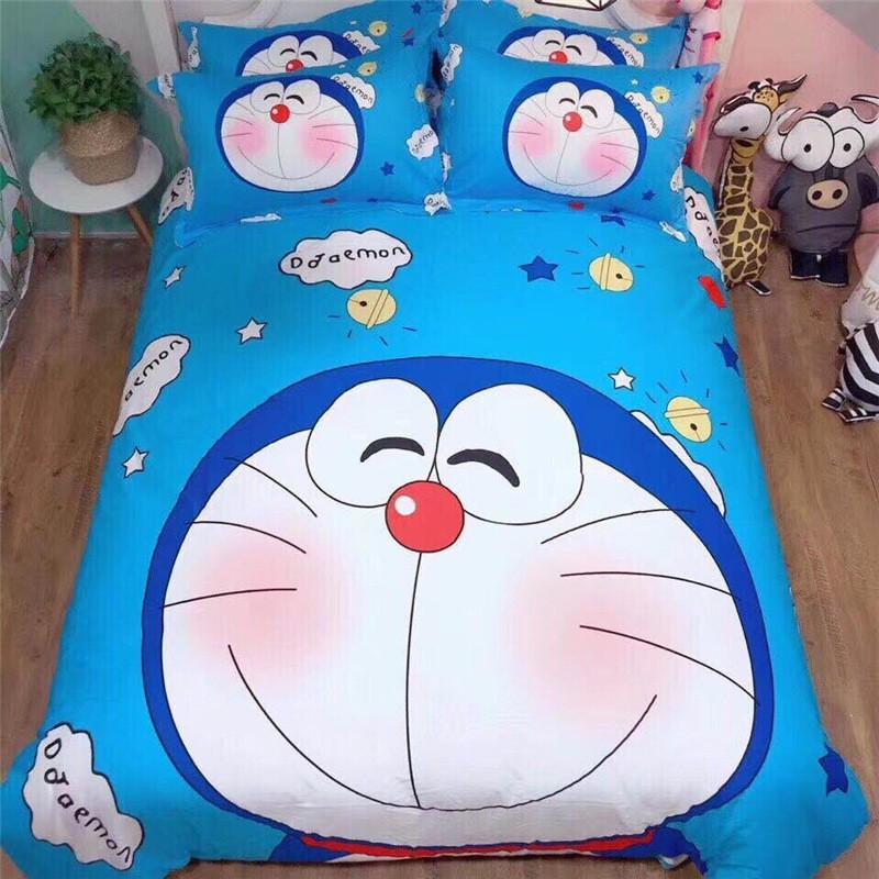 Bộ chăn ga và vỏ gối cotton Tina họa tiết Đô Rê Mon 4 món đủ màu đủ size
