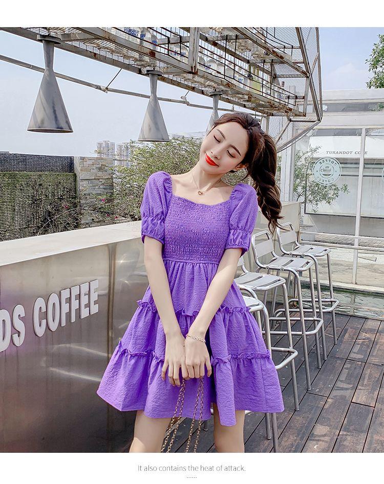 DIYIWEI Phụ nữ mùa hè 2023 Square Neck Pleated Bubble Sleeve Thu hẹp eo Khoai tây tím Vintage Pháp Orange Terrier Dress