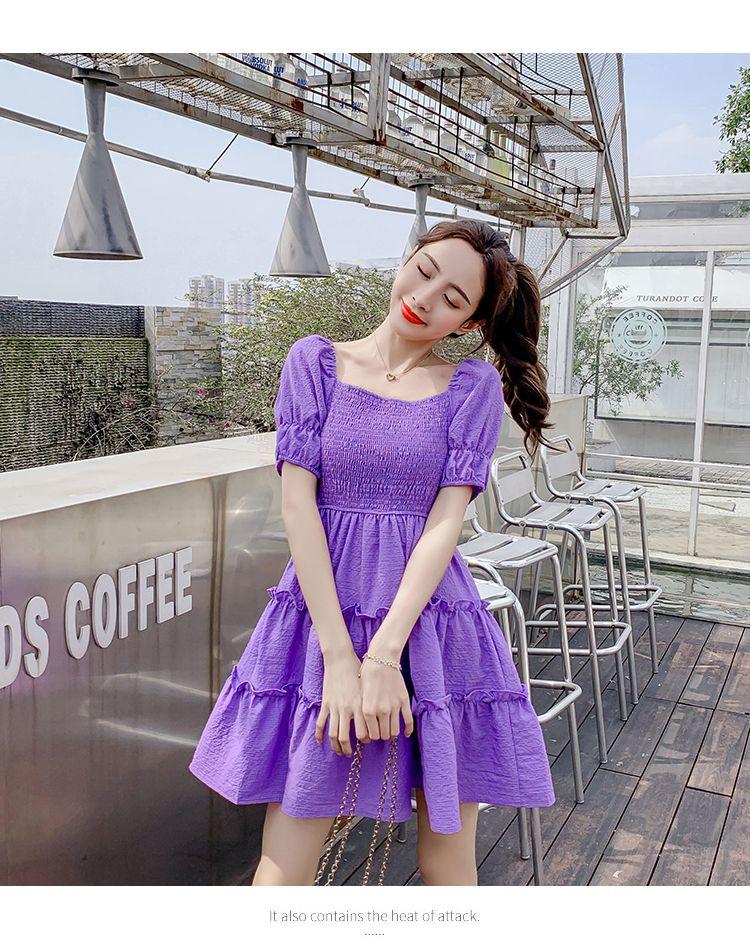 CHENGRUI Phụ nữ mùa hè 2023 Square Neck Pleated Bubble Sleeve Thu hẹp eo Khoai tây tím Vintage Pháp Orange Terrier Dress
