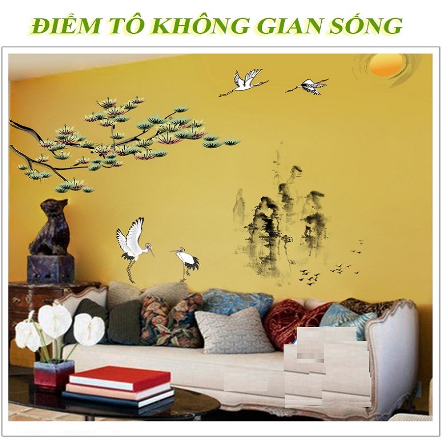 Decal dán tường trang trí phong cảnh nên thơ ĐÔI CHIM HẠC - NÚI NON HÙNG VĨ