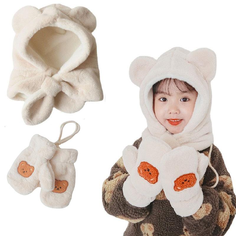 Trẻ Em Nón Mũ Trùm Khăn Mùa Đông Nón Trẻ Em Găng Tay Bộ Hoạt Hình Gấu Ấm Bé Nón Cho Bé Gái Bé Trai Mũ Khăn găng Tay 1-10Y