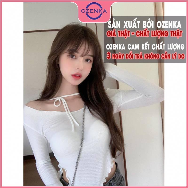 Áo thun croptop tay dài sẻ gấu cổ rộng nữ OZENKA chất thun gân cao cấp 100% cotton màu đen trắng free size dưới 50 cân