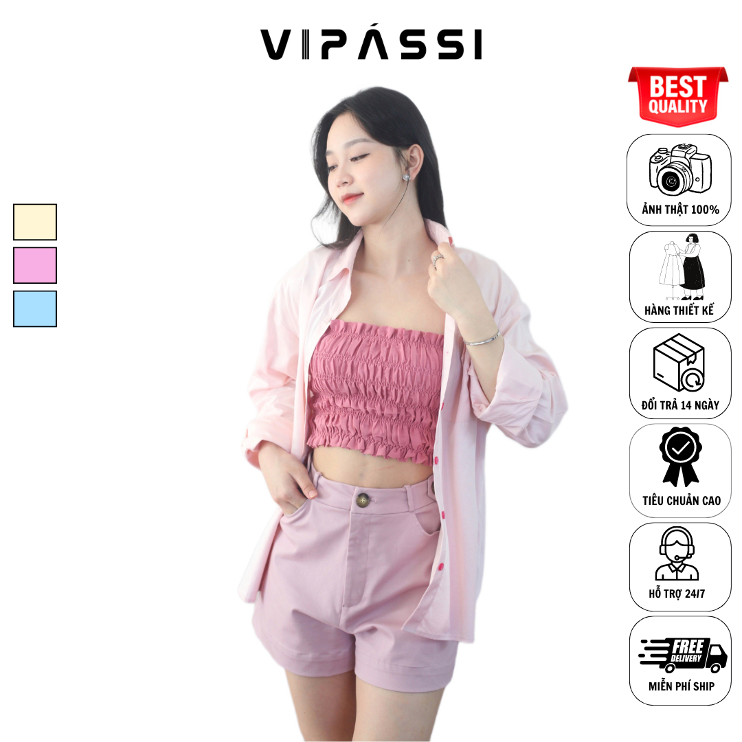 VIPÁSSI Áo Sơ Mi Nữ Tay Dài Form Rộng Họa Tiết Túi Đính Cá