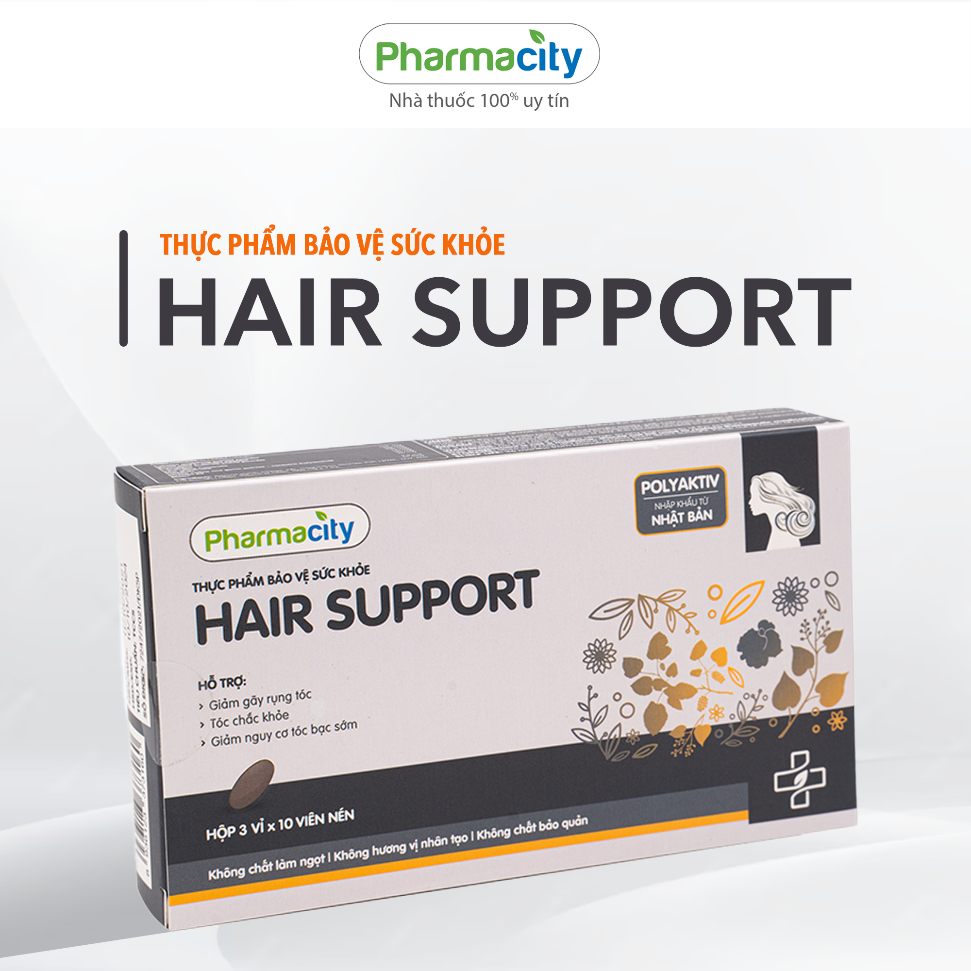 Viên hỗ trợ tóc khỏe, giảm rụng tóc, tóc bạc sớm Pharmacity Hair Support (Hộp 3 vỉ x 10 viên)