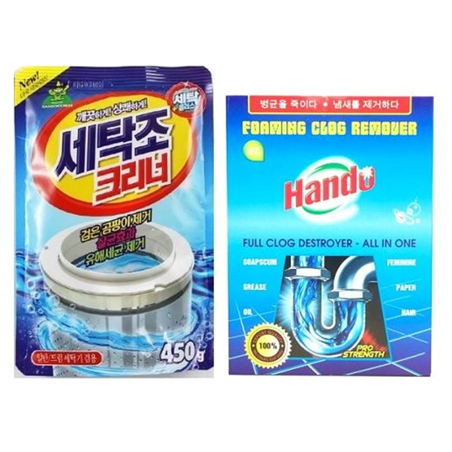 Combo gói bột tẩy vệ sinh lồng máy giặt Hàn Quốc 450g Kèm Bột thông cống Hando 100g xuất khẩu
