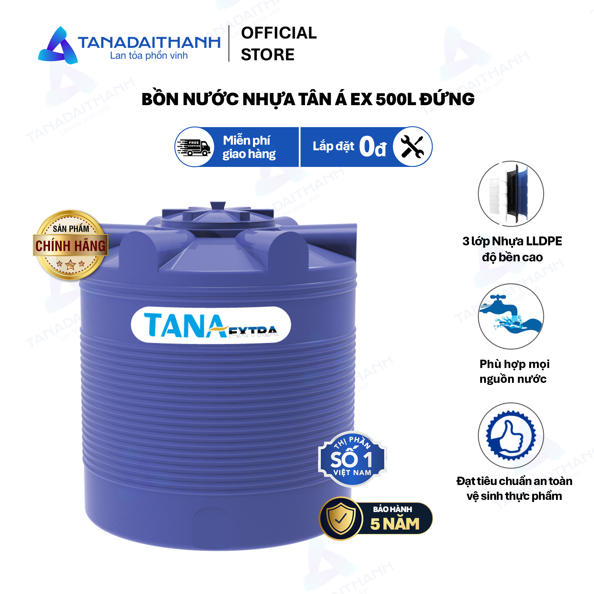 Bồn nước nhựa Tân Á EX 500L 1000L 1500L 2000L Đứng - Hàng chính hãng, bảo hành 5 năm (Chỉ bán tại Khu vực Miền Bắc)