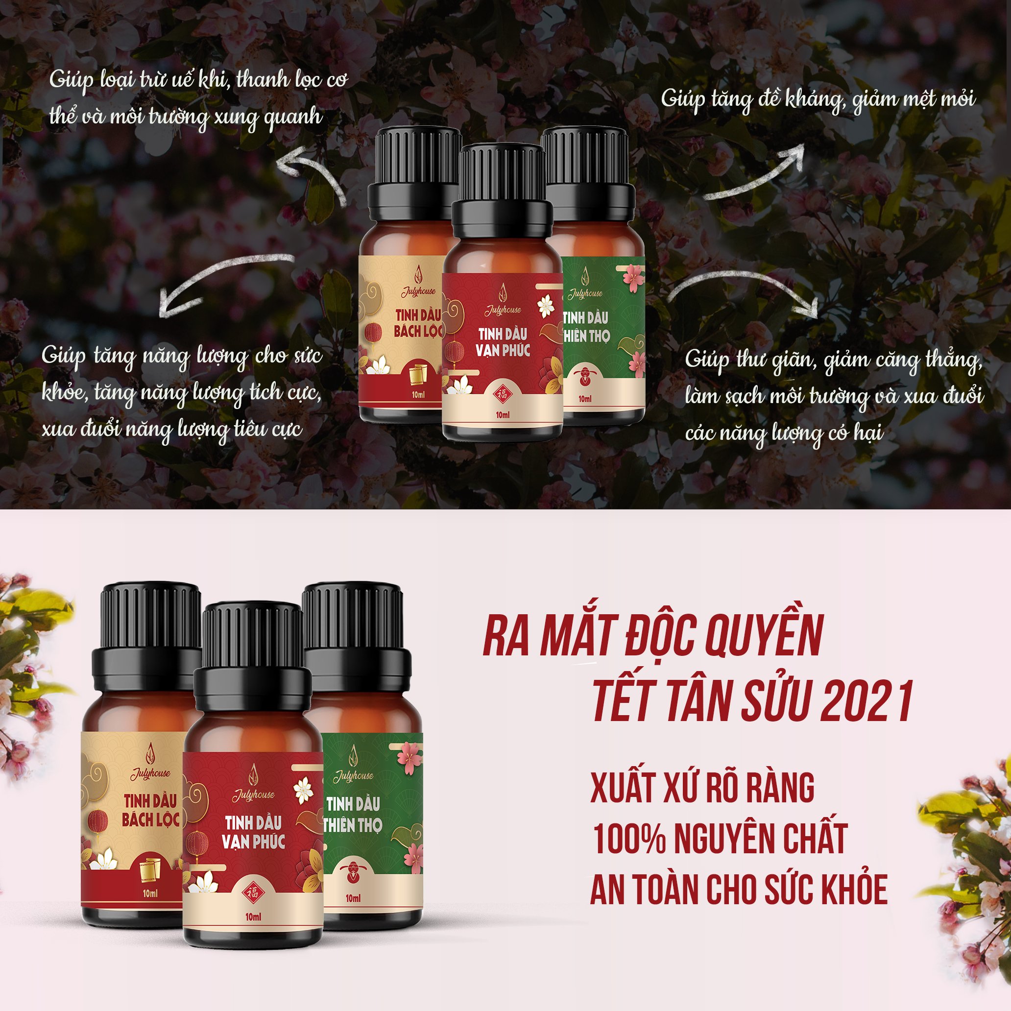 Combo 3 tinh dầu Tết Vạn Phúc - Bách Lộc - Thiên Thọ 10ml/chai JULYHOUSE độc quyền Tết Tân Sửu 2021