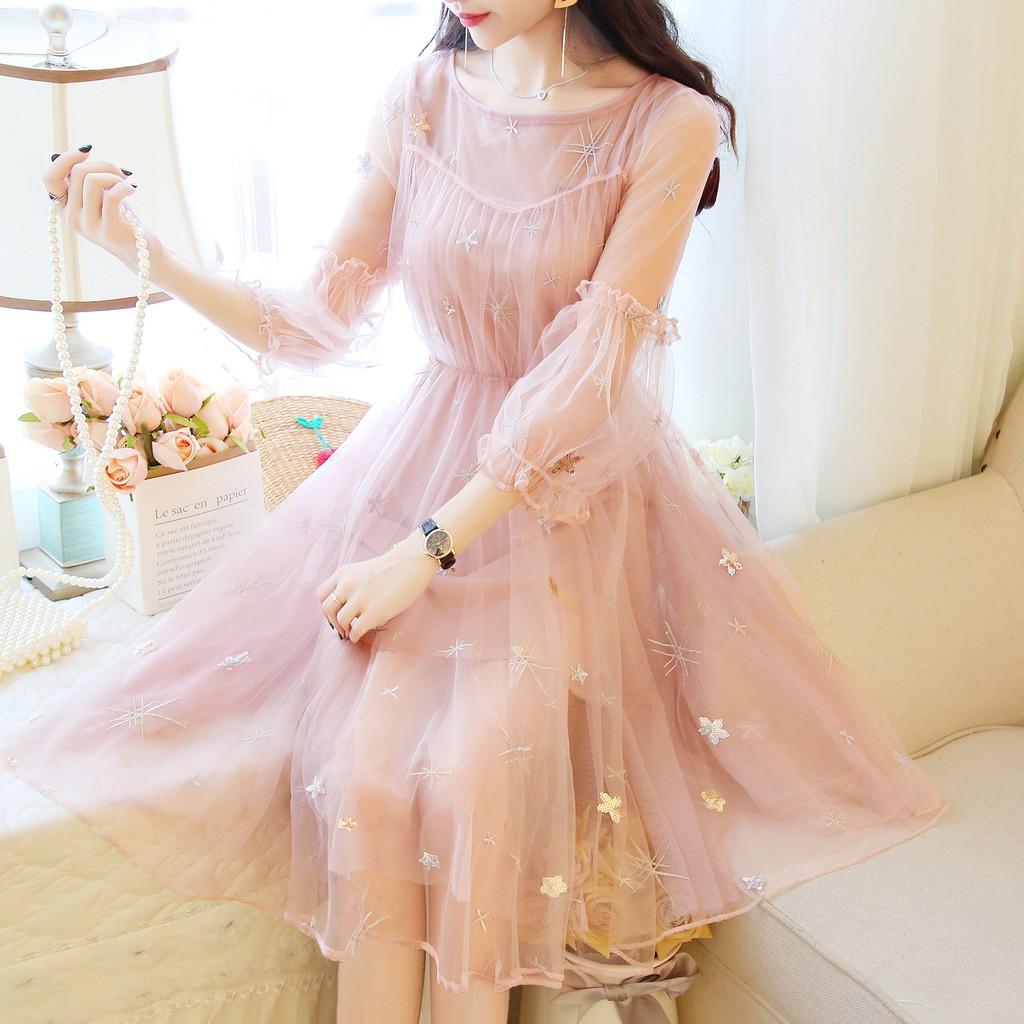 Đầm Ulzzang tiểu thư đính sao phong cách Hàn Quốc