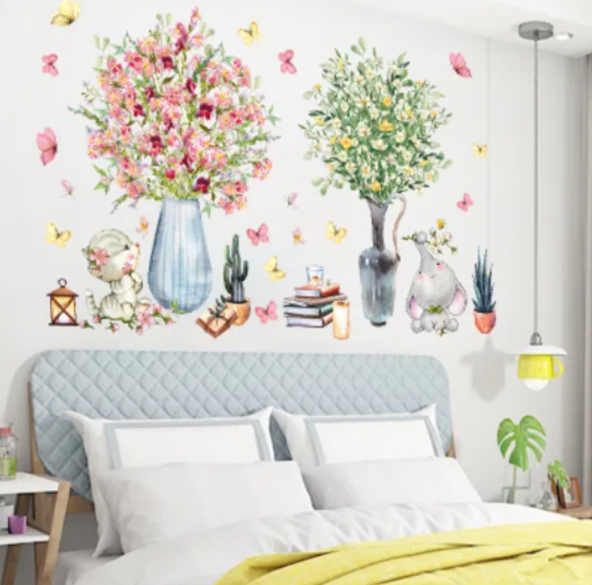 Decal trang trí tường - Chú voi và chú mèo cùng 2 bình hoa xinh