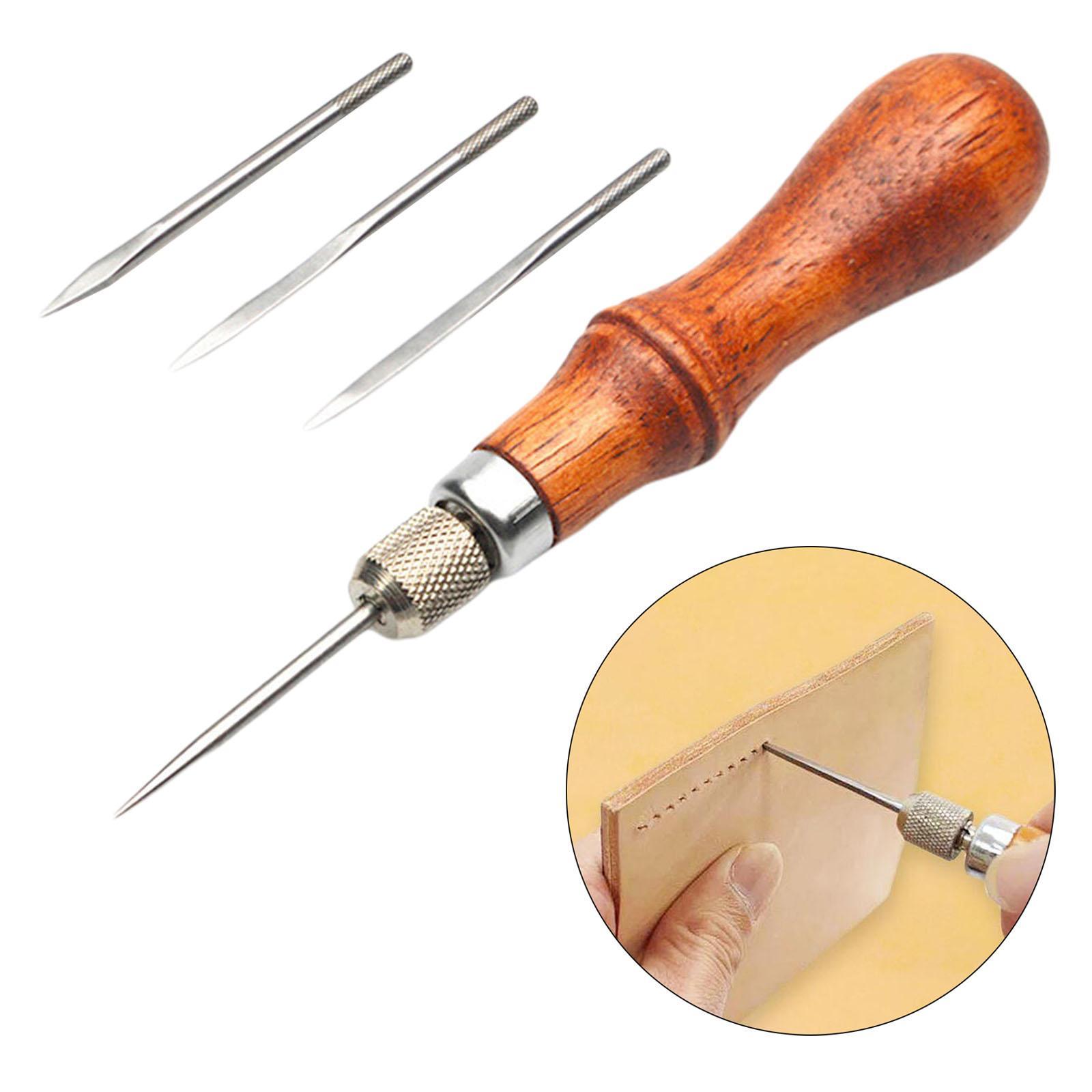 Professional Awl Tool Hand Sewing Repairing Wood Handle Leathercraft DIY