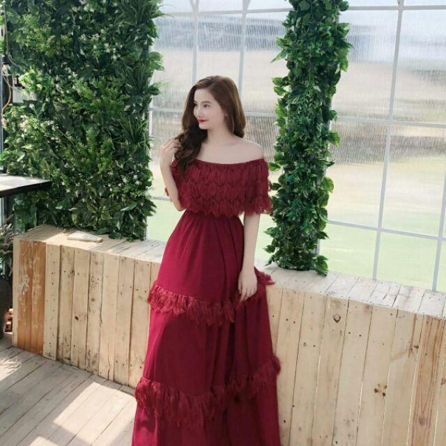 Đầm maxi trễ vai phối dây tơ bèo trùm cực yêu-Hình thật SP Kèm hình Khách