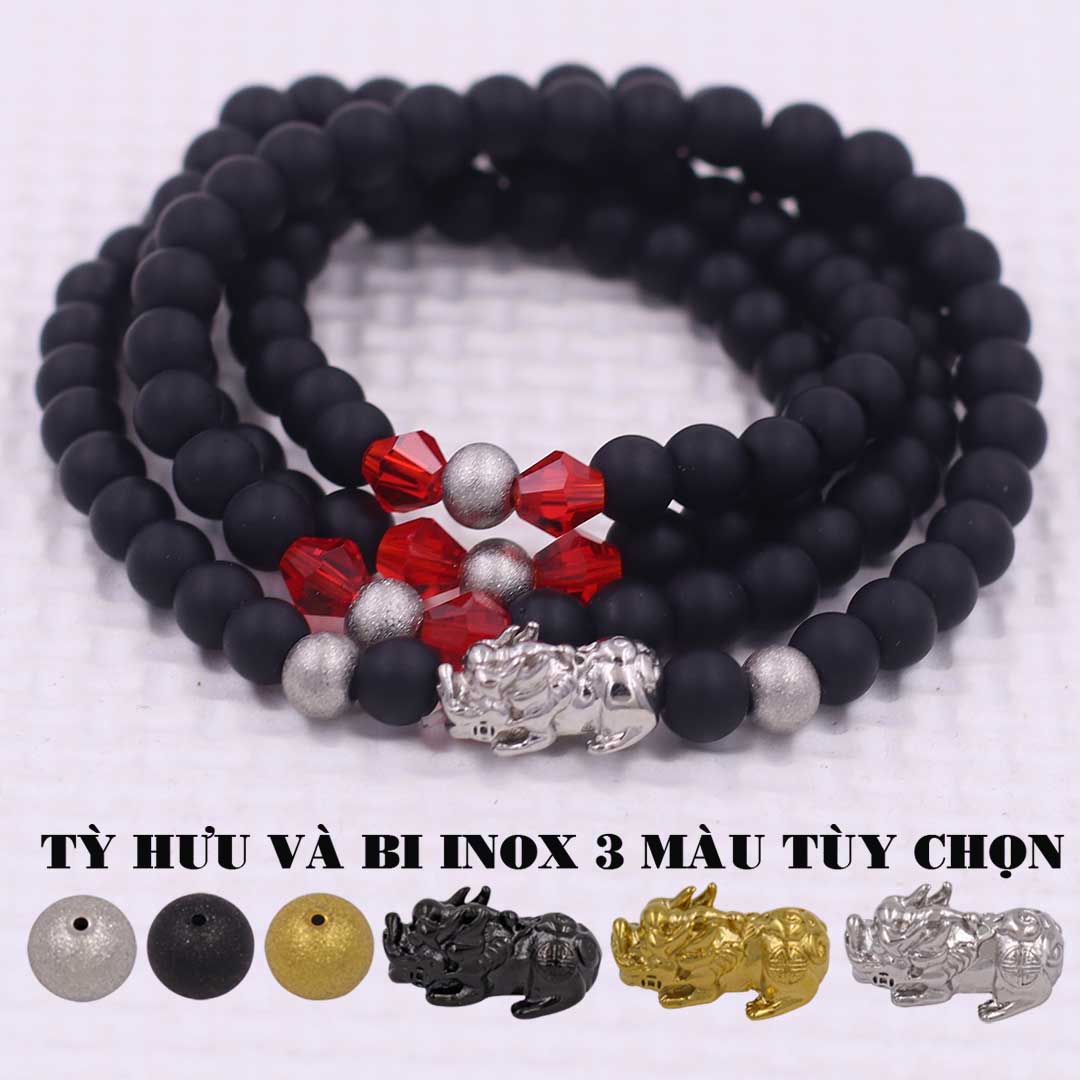Vòng chuỗi 108 hạt đá Thạch anh đen mờ charm tỳ hưu inox - Chuỗi hạt 6 ly, 8 ly - Vòng chuỗi niệm Phật Bình an, may mắn