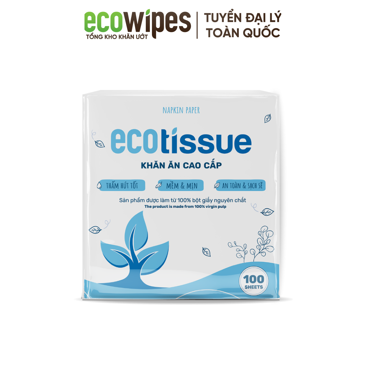 Khăn giấy ăn khăn giấy khô cao cấp Ecotissue Napkins Paper gói 100 tờ thấm hút tốt mềm mịn an toàn sạch sẽ