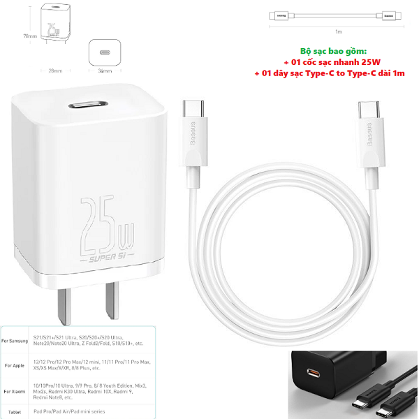 Bộ cốc sạc nhanh kèm cáp C to C Baseus Super Si Quick Charger 1C 25W Sets（PD/ QC3.0 Quick charger, With Cable) dùng cho sam sung S20, S21- Hàng chính hãng