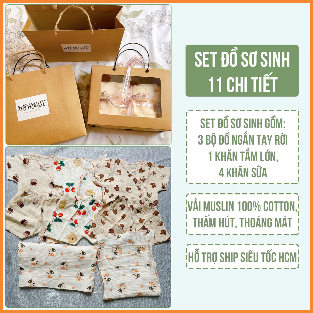 [GIÁ HỦY DIỆT] Set Quà Tặng Sơ Sinh 11 Chi Tiết Chất Vải Muslin Cho Bé Trai Và Bé Gái