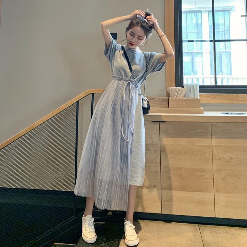 Đầm chữ A cổ tròn tay ngắn phối lưới thiết kế thanh lịch