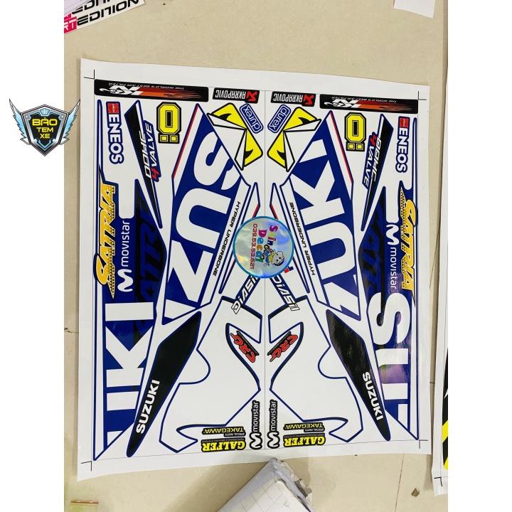Tem rời dán xe satria fi movistar dán xe xanh chữ vàng