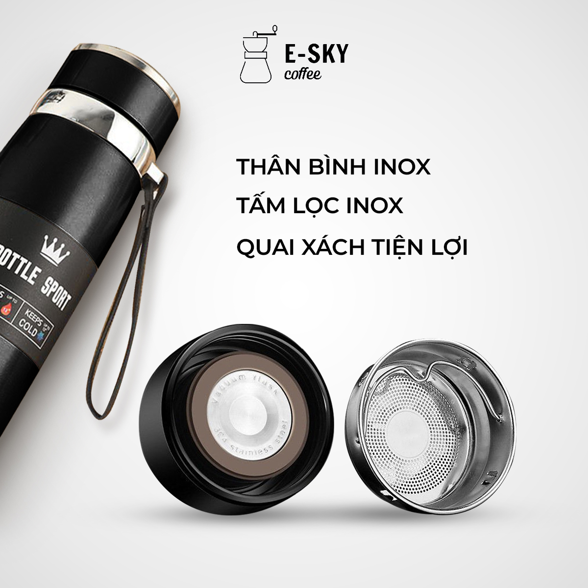 Bình Giữ Nhiệt Inox Cao Cấp E-Sky Coffee Bền, Đẹp, Tiện Lợi, Giữ Nhiệt Tốt, Thể Tích 800Ml