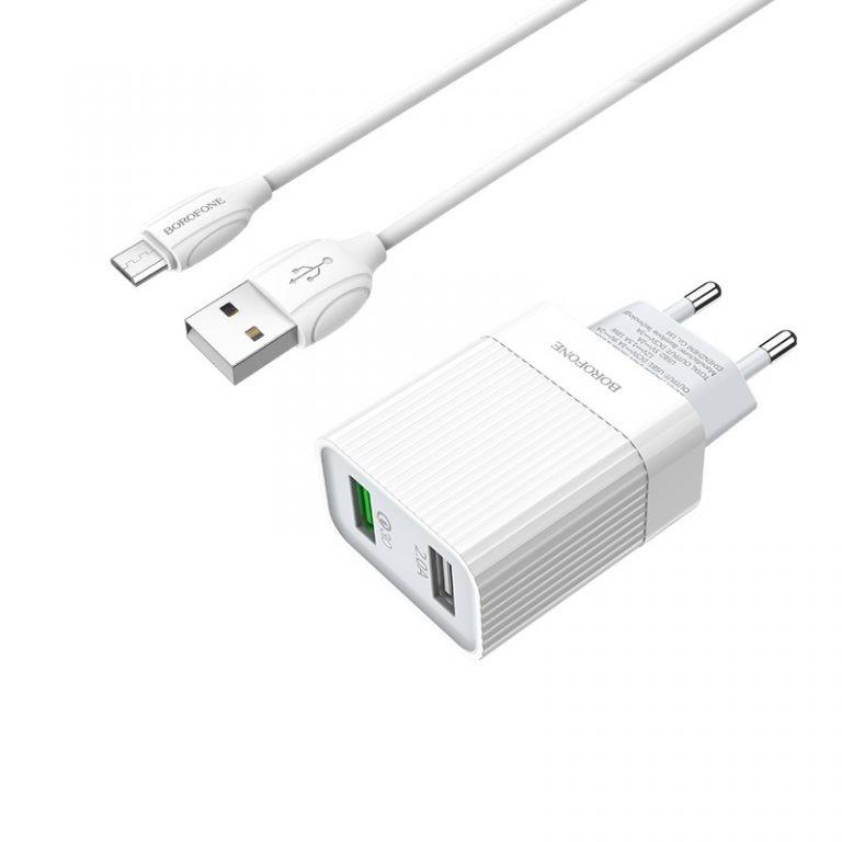 Bộ Cóc Cáp Sạc Nhanh QC3.0 BA39A Borofone - 2 cổng sạc - cổng Micro-USB chuẩn EU - Hàng nhập khẩu