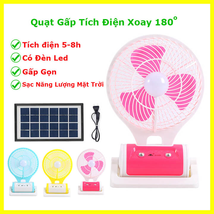 Quạt tích điện năng lượng mặt trời có đèn Led chiếu sáng, quạt tích điện để bàn 3 cánh 2 tốc độ gió tích hợp đèn - JR-5588