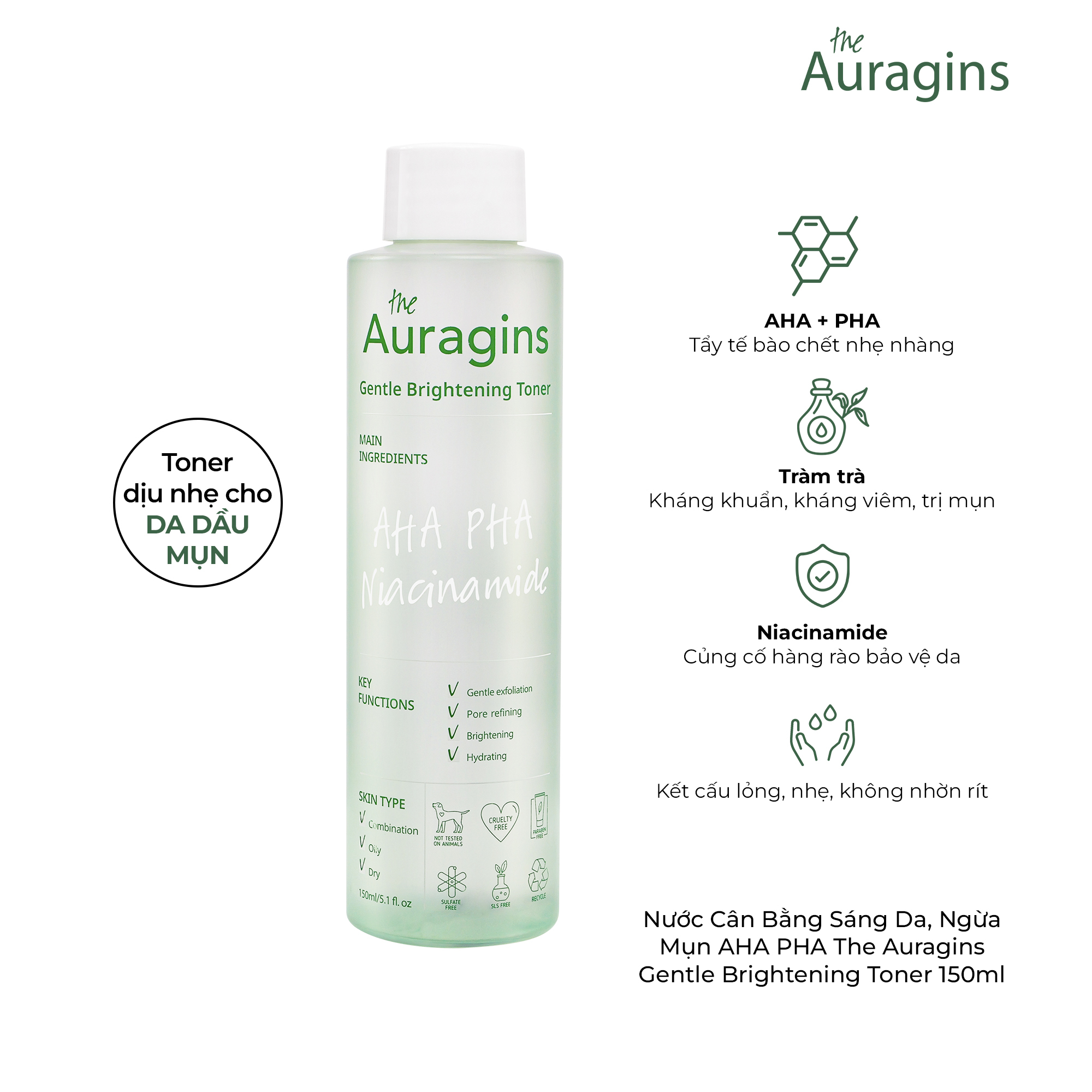 Nước hoa hồng sáng da, ngừa mụn AHA PHA The Auragins Gentle Brightening Toner 150ml