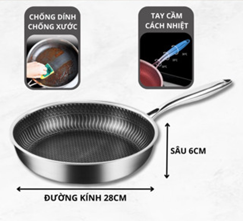 Chảo chống dính 5 lớp đáy bằng inox 304 size 28cm vân tổ ong dùng được cho tất cả loại bếp