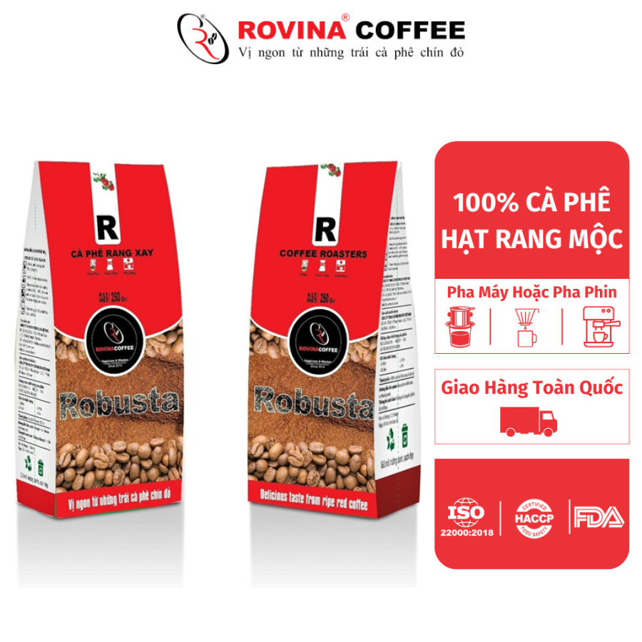 Cà Phê Robusta Việt Nam – Pha Máy – Gói 250Gr ( Nguyên Hạt) Hương Vị Cân Bằng Mùi Thơm Nhẹ, Vị Êm Thương Hiệu Rovina Coffee