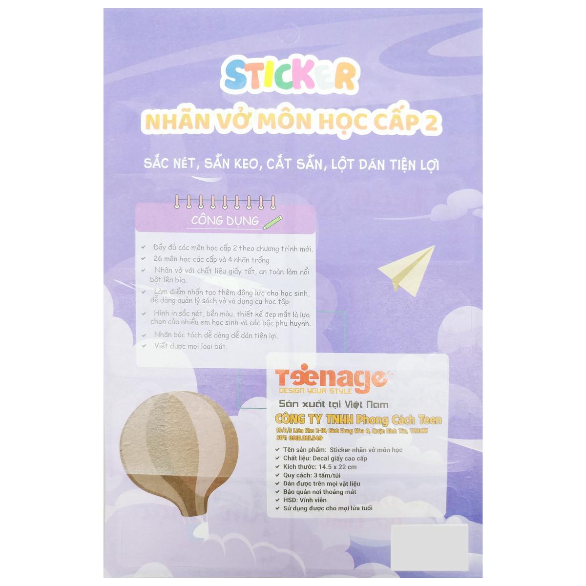 Sticker Nhãn Vở Môn Học - Teenage NV-06 - Cấp 2 (3 Tờ/Xấp)