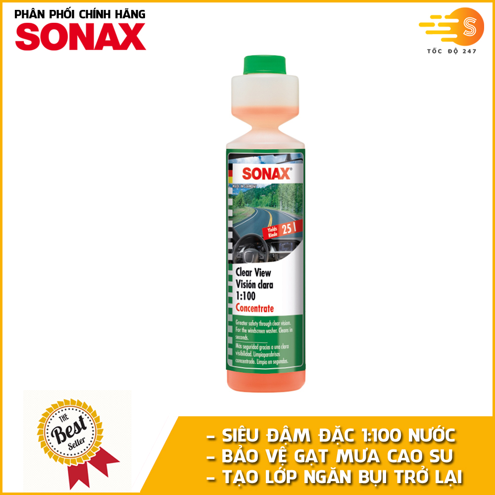 Nước rửa kính lái đậm đặc tỉ lệ 1:100 Sonax 371141 250ml - Làm sạch vết bẩn, ngăn chặn côn trùng, đổ vào két nước trước, pha để tẩy mốc kính