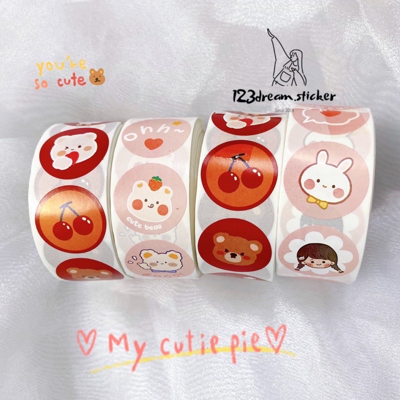 Cuộn 500 tem nhãn dán sticker thỏ hồng size 2.5cm / Ảnh thật