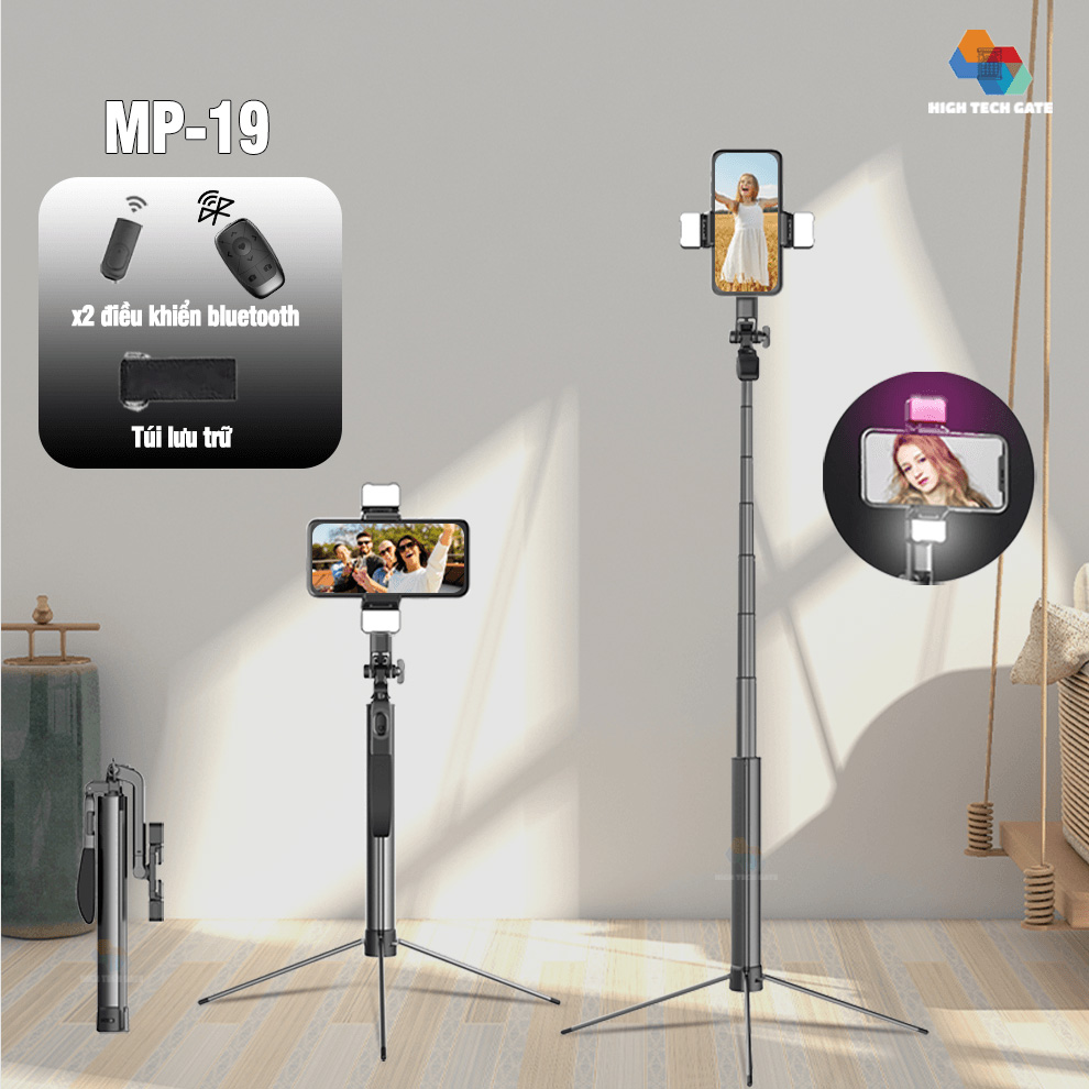 Gậy chụp ảnh selfie quay video MP-19 bản nâng cấp, kim loại bền bỉ, tay cân bằng quay video, x2 điều khiển bluetooth từ xa có thể sạc lại, đèn RGB gam màu tùy ý, hàng chính hãng