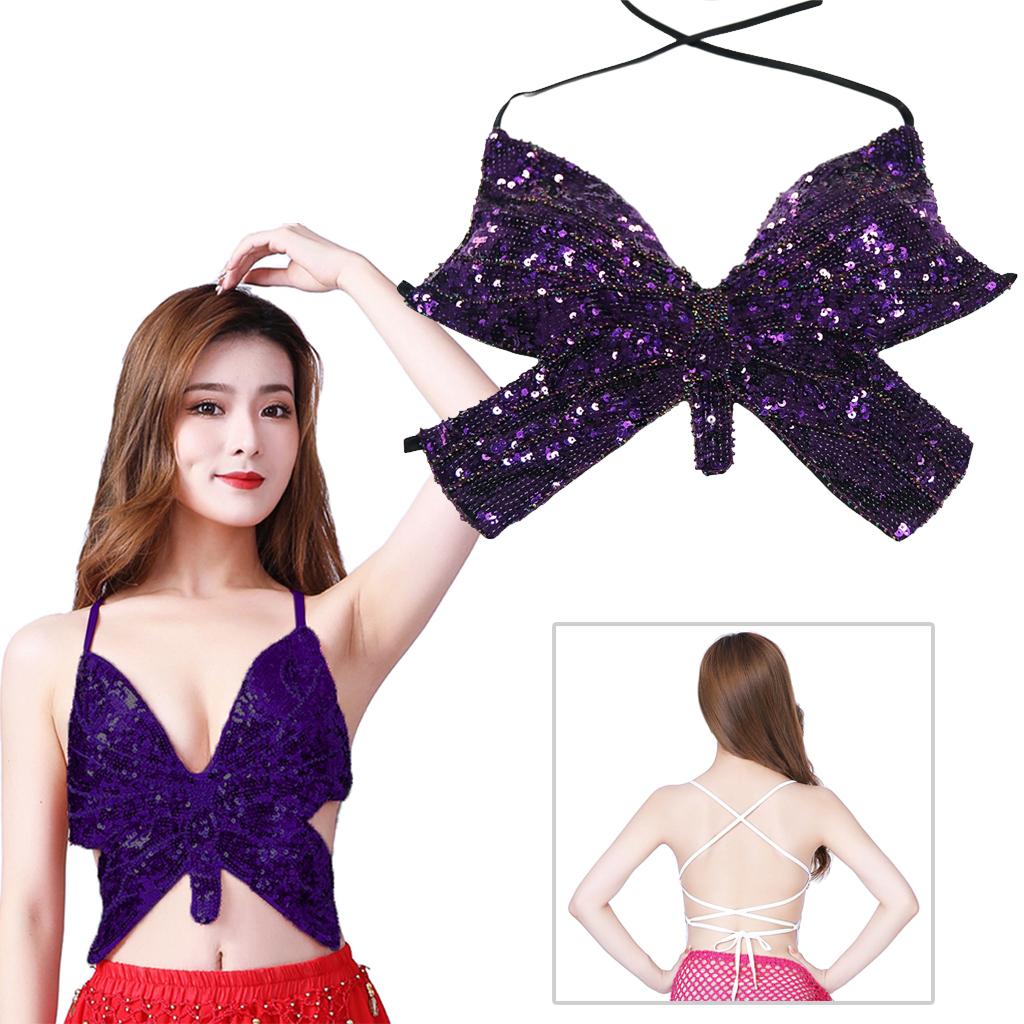 Womens Glitter Belly Dance Bra Sequin Butterfly Halter Crop Top Sexy Latin Sequins Costume Tribal Festival Party Club Wear