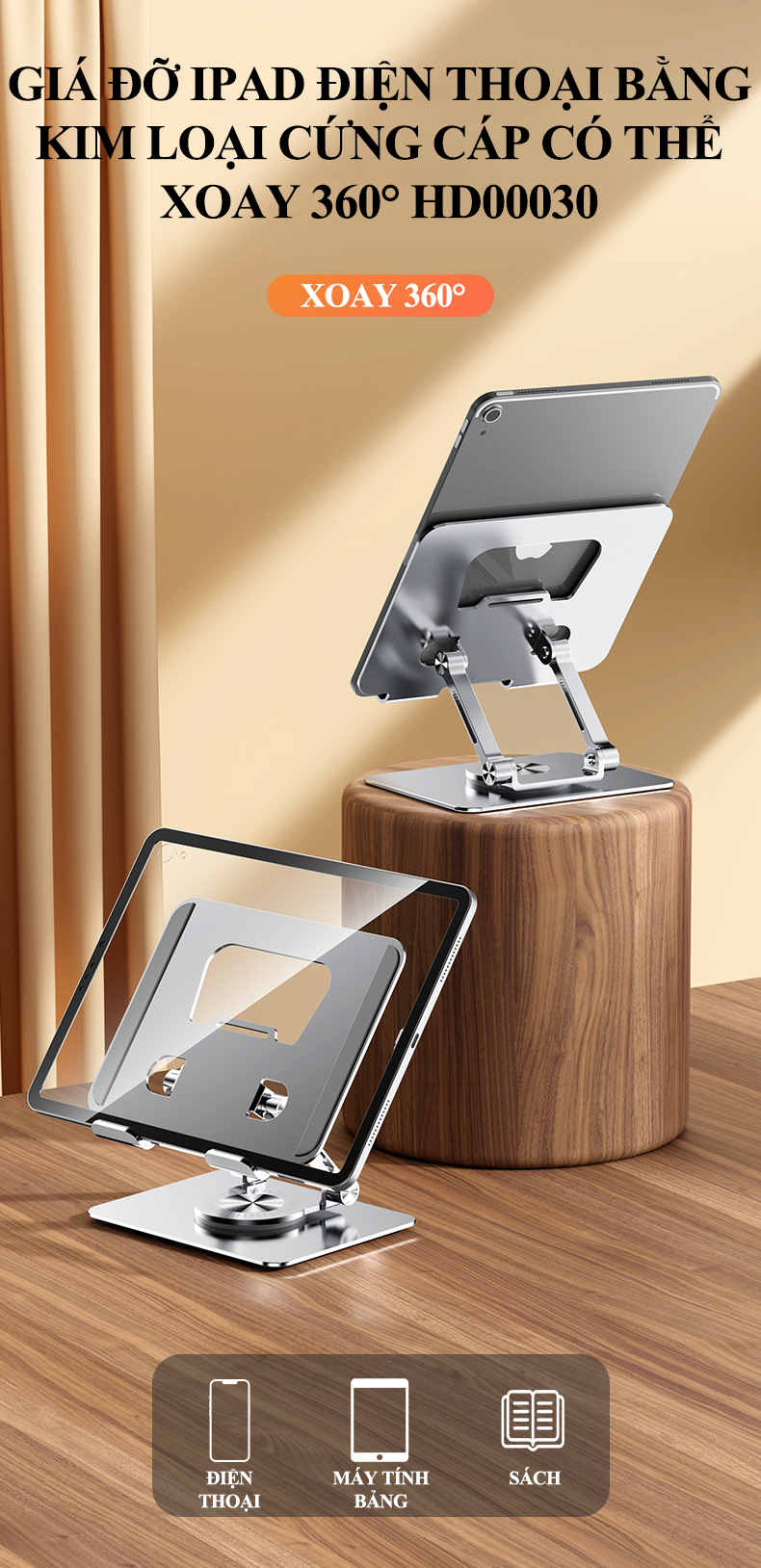 Giá đỡ điện thoại, ipad bằng kim loại cứng cáp có thể xoay 360° phù hợp cho các thiết bị từ 4 đến 12 inch HD00030