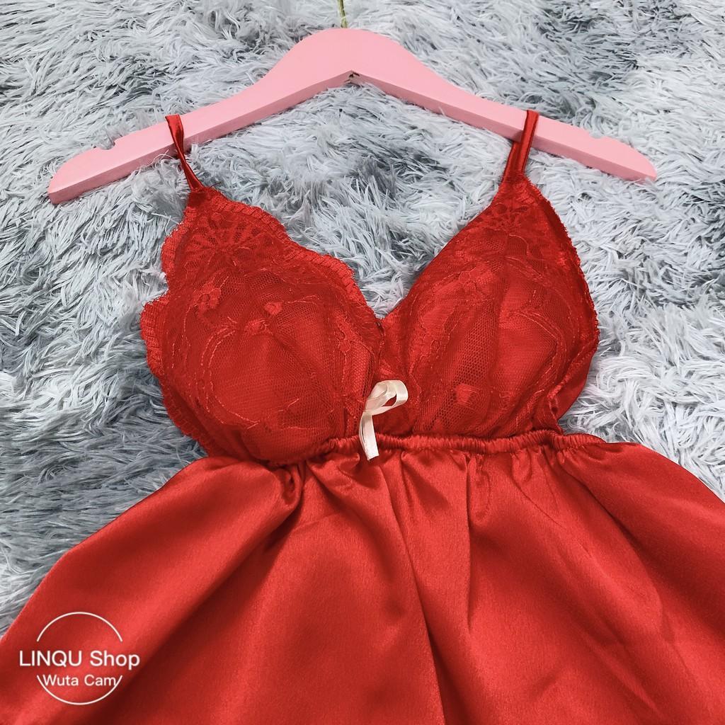 Đồ ngủ sexy 2 dây chất satin phối ren áo tầng mặc ngủ gợi cảm có mút ngực