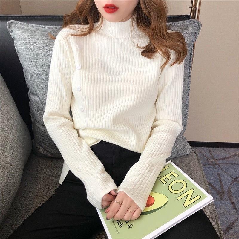 MS998 Áo len nữ cao cổ đính cúc xẻ sườn siêu mềm mịn