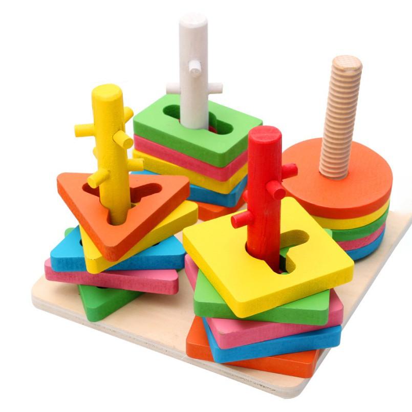 Đồ chơi gỗ thả hình 4 trụ cột khối gỗ zic zac KB216072, Đồ chơi phát Triển Trí Tuệ Cho Bé Montessori