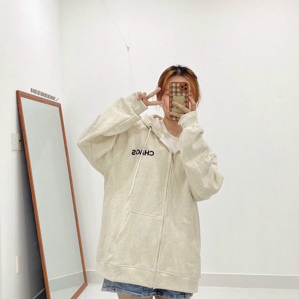 Áo Khoác Nam Nữ Thêu Chữ CHAOS- Kiểu Hoodie Unisex Hàn Quốc Có Khóa Kéo Nón 2 Lớp - Chống Nắng