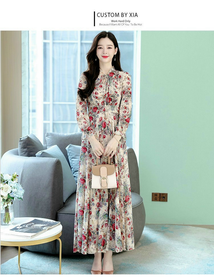 ĐẦM MAXI VOAN HOA TAY DÀI CỔ VIỀN BÈO THẮT DÂY NƠ