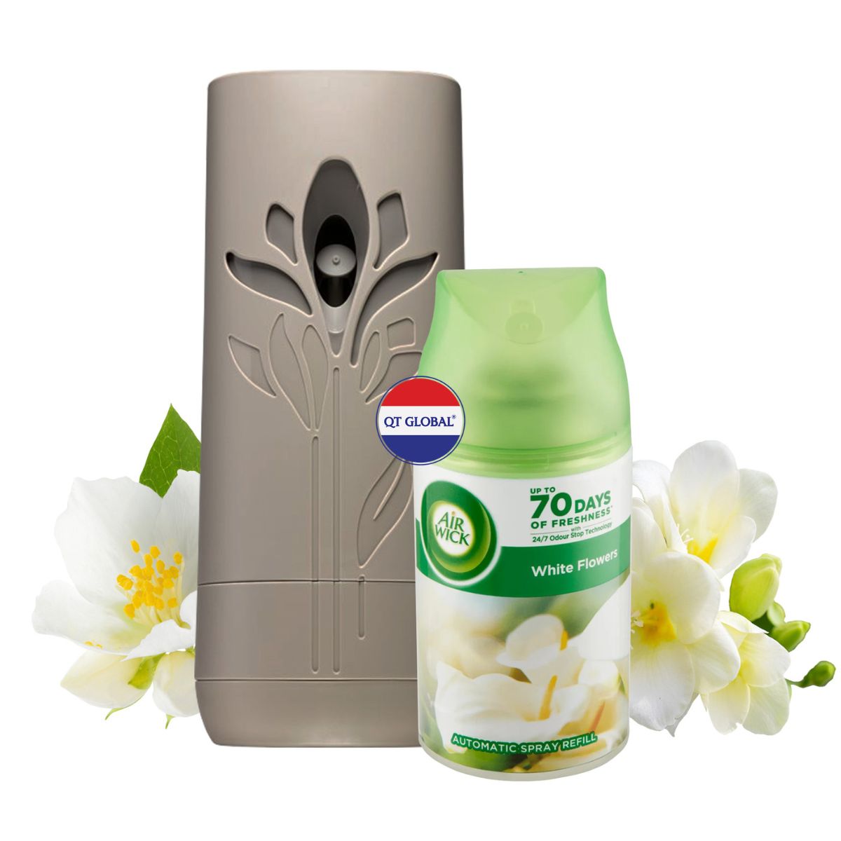 Bộ xịt thơm phòng tự động Air Wick White Flowers 250ml QT000731 - hoa nhài, lan trắng