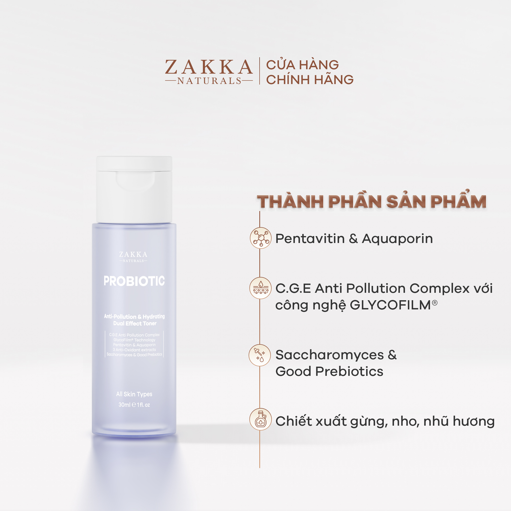 Toner 2 Trong 1 Hỗ Trợ Làm Sạch Và Cấp Ẩm Probiotic Anti-Pollution &amp; Hydrating Dual Effect Zakka Naturals 30ml