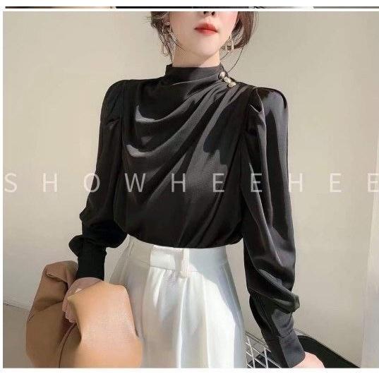 Áo sơ mi nữ công sở thời trang SURI lụa latin dài tay,thiết kế hiện đaị,cổ cách điệu,vai đính cúc ngọc