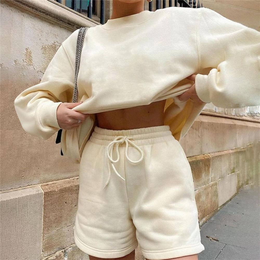 Lông Cừu Dày 2 Bộ Phụ Nữ Dài Tay Áo Áo Phù Hợp Với Dây Kéo Thể Thao Cotton Cổ Ngắn Bộ