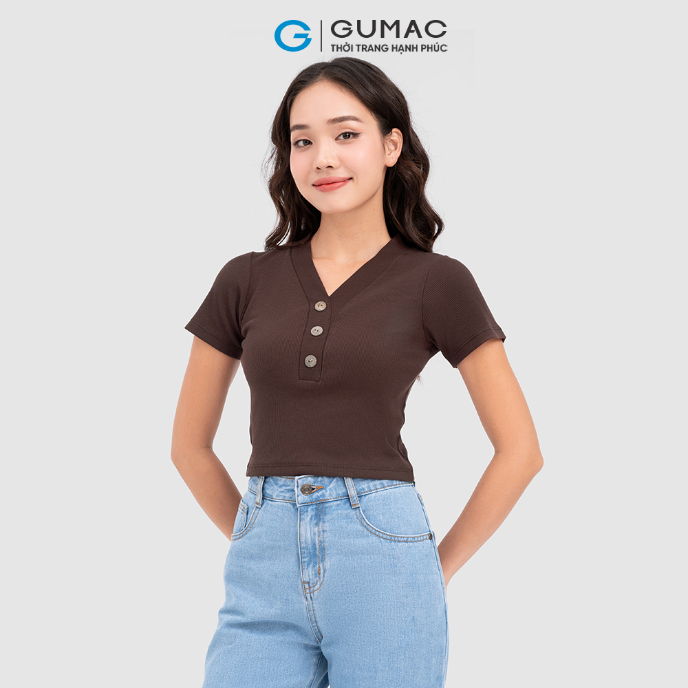 Áo thun nữ GUMAC ATC11045 cổ V phối nút nhiều màu trẻ trung