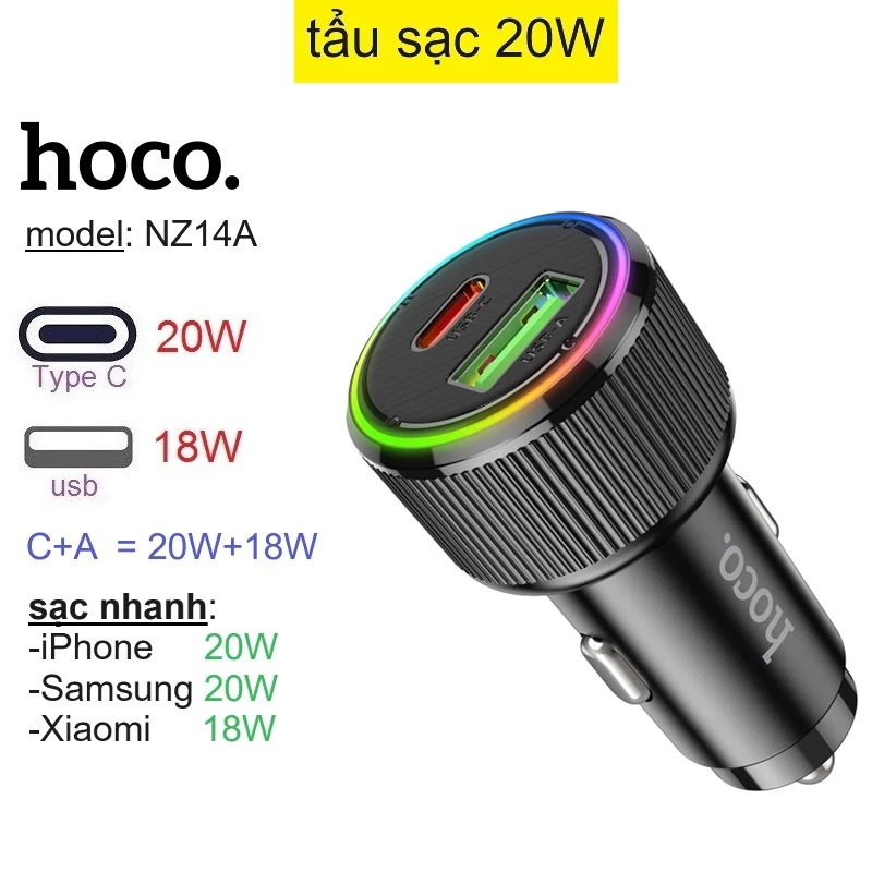 Tẩu sạc 20W (Type C + USB) Hoco NZ14a sạc nhanh cho điện thoại Samsung/ iP/ Xiaomi _ Hàng chính hãng