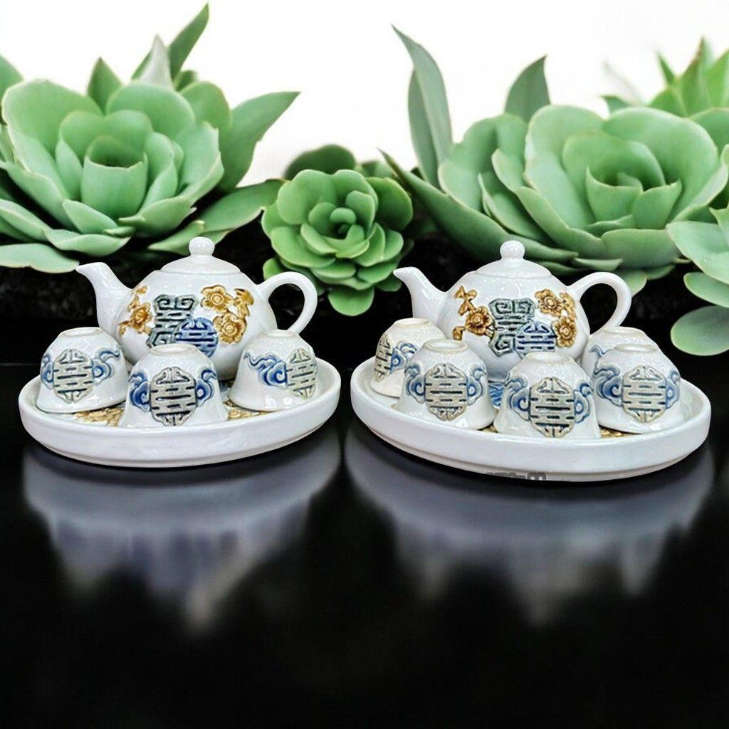 Bộ Ấm Chén Thờ RỒNG VIỆT Men Trắng Cao Cấp - Gốm Bát Tràng Họa Tiết Đào Thọ Đắp Nổi